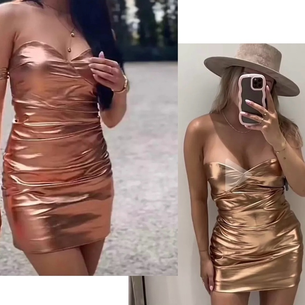 Zara rose gold metallic foil faux leather strapless mini dress bodycon Sz M NWOT - Picture 5 of 16